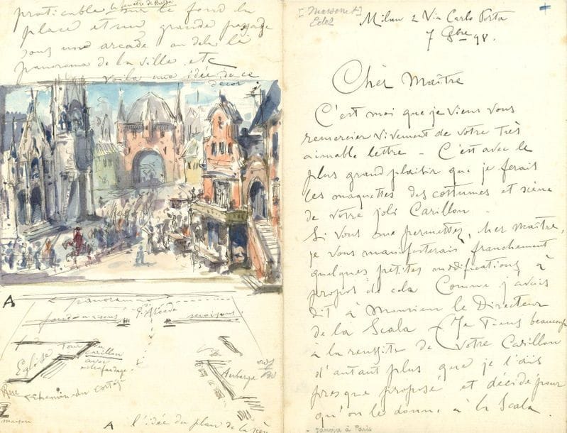 [Jules MASSENET (1842-1912)]. Alfredo EDEL (1859-1912) Italian painter and costume designer. L.A.S. with watercoloured pen drawing, Milan 7 October 1898, to Jules Massenet; 8 pages in-8.

Nice illustrated letter about the project to build Massenet's Carillon at La Scala in Milan.
It is with great pleasure that he would make the models and scenes of the Carillon, and he communicates, in his "bad French", his observations. The ballet is charming, and does not need to be enlarged: "it would lose its cachet" ... He no longer advises to transpose the action to the time of "Spanish Tyranny" under the Duke of Alba, but the scene and its plan should be changed: instead of a city panorama, "a street plus the church and its turn to the right the inn with a practicable balcony, Bertha's window at the back of the square and a large passage under an arcade"... He illustrates his ideas with a pretty watercolour and a plantation of the decor, and new comments, particularly on the fair: "An orgy in honour of the Duke's arrival! "which would contrast with the "sad note of the poor horologist !... who in crescendo starts to doubt his dream"... And to follow the action: the arrival of the Duke of Burgundy, the carillon, the fall of the clock's veil, "everything finished exactly as it is in the original score, which is a well found nail. With this orrible explanation [...] I come to influence you a little bit so that you are not too much influenced to change or lengthen your pretty ballet. Mr. Saracco, who is an excellent coreographer and ballet master, will arrange some excellent dances for you", Massenet can count on Edel and the director of La Scala, and "all the Milanese public who love you very much will do the rest be sure! "...

