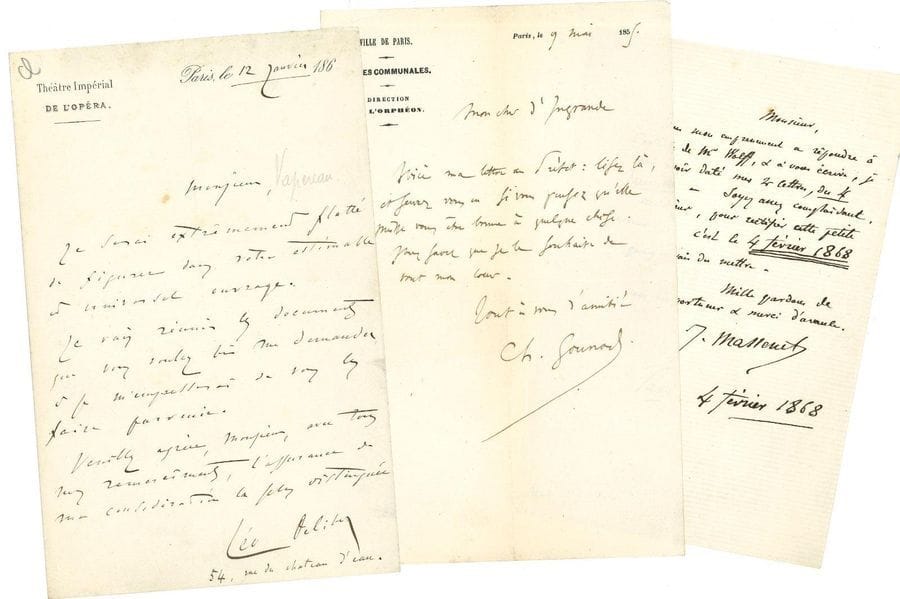 MUSIQUE. 10 lettres ou pièces, la plupart L.A.S.

Léo Delibes (à G. Vapereau), Charles Gounod (à d'Ingrande, 1855), Fromental Halévy (à Ad. Adam), Vincent d'Indy (enveloppe), Georges Maillard, Jules Massenet (2, une à Louis Gallet, et une carte de visite), Markowski " professeur de danse ", Francis Planté (carte de visite).