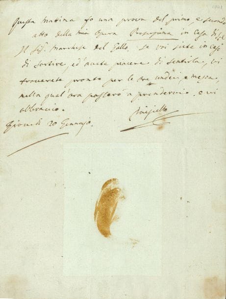 Giovanni PAISIELLO (1740-1816). L.A.S., 20 janvier [1803], au poète et librettiste Giovanni Battista Casti, à Paris ; demi-page in-4, adresse ; en italien.

Ce matin il fait répéter les deux premiers actes de son opéra Proserpine, chez le marquis de Gallo [ambassadeur du Roi de Naples et des Deux-Siciles]. Si Casti est dans le cas de sortir, et aurait du plaisir à l'entendre, qu'il soit prêt à onze heures et demie, et Paisiello passera le prendre... [Proserpine sera créée à l'Opéra de Paris le 28 mars 1803.]