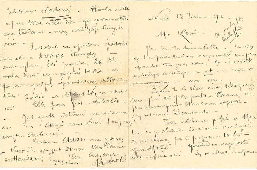 Jean-Paulin Habans, dit PAULUS (1845-1908) chanteur et comédien. 23 L.A.S., 1875-1899, à sa femme Rosa ; 70 pages formats divers, 4 à en-tête (Paulus Habans, Propriétaire vinicole, Édition Paulus, Répertoire Paulus, Eldorado), 4 enveloppes, une adresse (défauts, fentes et mouillures). 
On joint 3 L.A.S. à son fils Jean et ses enfants (1908), un programme signé de l'Eldorado à Nice (1908) 2 cartes dont une signée et une attestation pour une domestique (1906). Plus 2 L.A.S de Coquelin Cadet, une de Maurice Rostand, et uns P.S. d'Eugénie Buffet à Paulus ; ainsi qu'un ensemble de cartes de visite de condoléances après la mort de Paulus (1er juin 1908) : Cassive, Harry Fragson, Félix Galipaux, Félix Mayol, l'épouse de Polin, et deux télégrammes d'Aristide Bruand et Max Dearly.

Intéressante correspondance intime sur la vie de couple difficile d'un chanteur à succès. Après les lettres respectueuses et amoureuses du début (ils se marient en 1883), des dissensions apparaissent, l'épouse se plaignant d'être délaissée par son mari trop pris par son métier. Barcelone 24 avril 1896 : " Ne sois donc pas injuste - tu as en moi un mari modèle, un homme fougueux peut-être - ne t'en plains pas, il y en a tant qui sont trop flegmatiques. [...] Oh ! que tu te gobes de t'appeler Madame Paulus [...] Allons voyons, réconcilions nous - j'en ai besoin, moi - Je te gobe tant - Ma femme, Ma Rosa, c'est mon bien, j'en veux à corps perdu [...] Et puis fiche moi la paix avec mes autres attachements - Merde pour mes autres attachements, c'est toi qui est mon attachement "... Une séparation de biens se fera en 1886, mais ils restent cependant en bons termes. Il est continuellement en tournée et lui écrit de Lyon, Bruxelles, Bucarest (5 novembre [1889]) : " Quant aux pays que je traverse, c'est extraordinaire d'impromptu [...] Wien a son chic - Budapest son originalité et Bucarest son Rastaquouérisme [...] Mon séjour ici est une émotion. Toute l'aristocratie a loué pour les 5 jours les be