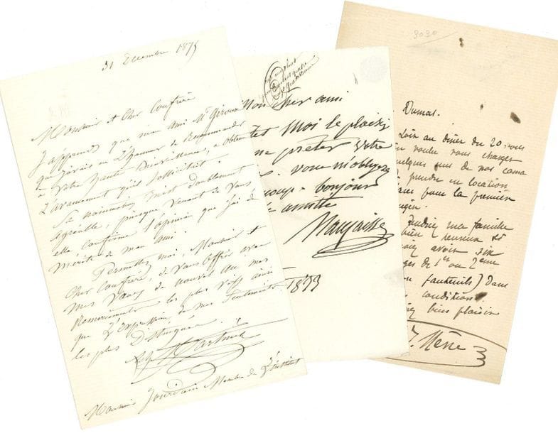 BEAUX-ARTS M-O. 40 letters or pieces, most of them L.A.S.

Achille Louis Martinet (2 to Charles Jourdain, 1875). Jean-Baptiste Mauzaisse (to Zimmermann, 1833). Pierre-Jules Mène (to Dumas fils to attend L'Étrangère, 1876). Yvonne Mille. Lizinska de Mirbel (6, including 3 in Zimmermann). Antonin Moine (2, to the publisher Krabbe, 1839: biographical card with a list of his works, and to Joseph Zimmermann by offering a pastel). Charles Monginot (with watercolour, 1883). Frédéric Montenard (2). Henri Monnier (on his Ball board, with the small attached board enhanced with watercolour). Adrien Moreau (in Japy). Étienne Moreau-Nélaton (business card). Gustave Morin (2, from the Rouen Museum, 1876-1878). Louis Morin (2, including one in G. Montorgueil sur Montmartre, 1899; plus an engraving and an exhibition card). Charles Louis Müller (2 to Charles Jourdain, including one concerning his project for the Gobelins, 1876). Henri Charles Müller (3, at Motte, Naigeon and Treuttel & Würtz, 1820-1831). William Müller (in Rev. Jutkin, Xanthe 1844, account of his trip to Lycia). Célestin Nanteuil (4, one to Baron Taylor in 1840 about the discovery of a painting by Poussin, and one to Anastasi in 1849). Bernard Naudin. Émilien de Nieuwerkerke. Balthasar Ommeganck (2, Antwerp 1814 to A. Van Roosmalen, and examination of a painting by Van Brée). Justin Ouvrié. Etc.