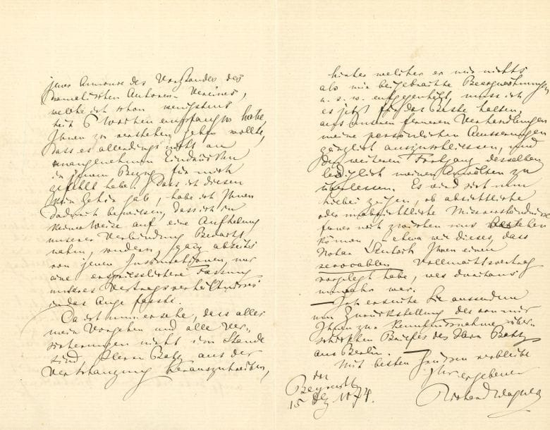 Richard WAGNER. L.A.S., Bayreuth 15 décembre 1874, à l'impresario Carl Voltz ; 3 pages in-8 ; en allemand.

Démêlés avec ses agents théâtraux Voltz et Batz, alors que Wagner se débat dans les problèmes pour créer le festival de Bayreuth.
La lettre de Voltz l'a convaincu à nouveau du peu d'attention prêté par Batz au contenu de ses lettres, et Wagner est vraiment las d'avoir à répondre toujours à des contre-affirmations qui, eu égard à ses propos, n'ont pas de sens. En ce qui concerne sa dernière lettre, que Voltz a communiquée à Batz, il croyait avoir expliqué les raisons qui l'ont incité à modifier leurs relations contractuelles formelles, de façon suffisamment franche et claire pour ne pas être ainsi continuellement mal compris, comme si des violations et une méfiance résultante l'y poussaient. Comme Batz persiste à le croire, cela a agacé Wagner au point qu'il a voulu, en communiquant les rumeurs du bureau de l'Association des Auteurs dramatiques qu'il a reçues depuis au moins six semaines, faire comprendre qu'à cet égard, les impressions désagréables n'ont pas manqué. Qu'il ne les ait pas écoutées, il l'a prouvé par le fait qu'il n'a nullement envisagé une dissolution de leurs relations, mais qu'il avait en vue, tout à fait en dehors de ces insinuations, une forme plus fructueuse de leurs relations contractuelles. Comme il se rend compte maintenant que sa manière d'agir et ses affirmations ne réussissent pas à faire sortir Batz de ses retranchements, d'où il ne lui oppose que des suspicions qui lui sont attribuées, Wagner considère maintenant que le mieux sera d'exclure de leurs futures négociations ses remarques personnelles, et de laisser la suite à ses avocats. On verra alors si des malentendus volontaires ou involontaires peuvent encore exister entre nous, comme par exemple que le notaire Skutsch aurait soumis à l'impresario une procuration révocable, ce qui n'était pas vrai du tout...
