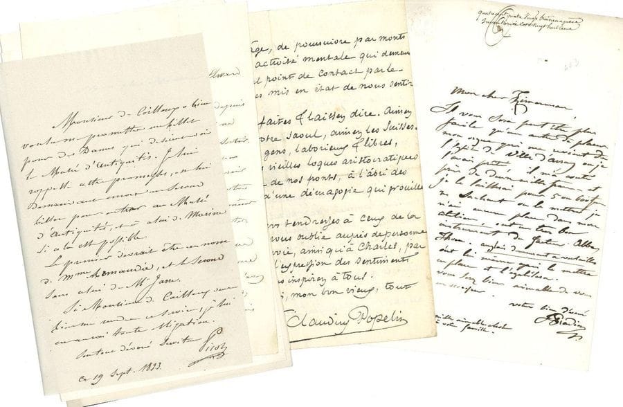 BEAUX-ARTS P. 27 lettres ou pièces, la plupart L.A.S.

Paulin-Guérin (au comte de Forbin, 1827, à propos d'un portrait en pied du Roi qu'il a accepté d'exécuter pour seulement 1200 F). Alexis-Joseph Pérignon. Alphonse Périn (à Albert Magimel, 1864). Aimé Perret. François-Édouard Picot (7, la plupart à Zimmermann). Eugène Pirodon (3). Claudius Popelin (longue lettre à un ami, 1881, parlant de la Princesse Mathilde, de son fils Gustave, des amis Benedetti et Primoli et de son édition du Songe de Poliphile). James Pradier (3 à Zimmermann, dont une concernant son orgue ; plus une du commissaire Martinet à lui adr.). Auguste Préault (à Mme Clémentine Duret, 1874, la consolant après des insultes à la mémoire de son grand-père Chérubini). J. Prieur (poème avec dessin à la plume). Denys Puech (2, 1927-1928). Abel de Pujol (2, à Dubufe et Zimmermann, 1842). Pierre Puvis de Chavannes (à Jérôme Doucet, 1894). Jean-Marie Queneau.