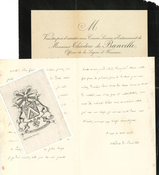 Theodore de BANVILLE (1823-1891). L.A.S., Villa Banville, Lucenay-les-Aix (Nièvre) June 17, 1887, to Paul Meurice; 3 pages in-8. 
We enclose the ex-libris of Théodore de Banville, engraved by Emile Royer; and his obituary notice
.
He read with delight the Dream of Love, "among the flowers and in the shade of the leaves. What a delightful idyll you have written, and what a tragedy! What tact and art in the preparations, which in short, are everything! A long time ago, centuries ago, when I first read Notre-Dame de Paris, I composed this formula for myself, which more than ever seems to me to be accurate: To make a novelist, take a lyrical and dramatic poet. I would say as well: to do anything. - I believe that poets alone have in their minds the order, without which there is nothing, and which serves as much to create universes as to make a sonnet. ...] Among so many things lived of so much nature, you have not been a naturalist; you have been content to be true and sincere. As an old man, I have felt in my element, as in romantic times.
 