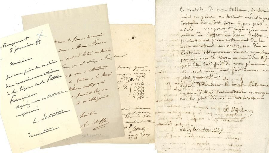 BEAUX-ARTS S-T. 34 lettres, la plupart L.A.S.

Louis Sabattier (adhésion à la Ligue de la Patrie Française). Émile Sabouraud.  Ary Scheffer (5, la plupart à Zimmermann et Mme). Jean-Gabriel Scheffer (Genève 1864, à Albert Magimel). Victor Schnetz (3, dont 2 à Zimmermann, sur son intention de présenter sa candidature au poste de directeur de l'Académie de Rome). François Sicard (7 à Noël Charavay, 1912-1924, sur Anatole France, son monument pour le Panthéon, etc.). Xavier Sigalon (1827, au comte de Forbin, sur l'emplacement de son tableau dans l'exposition). Émile Signol. Edmond du Sommerard (3, dont 2 à Magimel). Charles Steuben. Auguste Suchetet (à Charles Laurent). Amédée de Taverne (recommandations à Lottin de Laval qui va partir en Orient, 1844). Victor Texier (sur le vol de la collection de médailles du comte Carl von Graimberg en 1847). Frits Thaulow (Christiana 1887). Jean-Pierre Thénot (sur ses tableaux du Salon, 1857). Pierre Thuillier (à Chennevières). Jules Tinthoin. Constant Troyon (à Jules Goddé pour la vente d'un tableau). Edmond Tudot (2, Moulins 1843-1860).