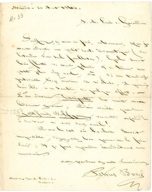 Petrus BOREL (1809-1859). L.A.S., Asnières 20 août 1840, à Émile de Girardin ; 1 page petit in-4.

Rare lettre sur ses contes. Il adresse à Girardin " un petit conte dramatique (de l'étendue d'un seul feuilleton), lequel serait bien flatté de vous plaire & de trouver une petite place chez vous, où, si une tendresse paternelle trop excessive ne m'abuse, il pourrait bien être, ce me semble de quelque effet. L'an dernier Janiquette sut mériter vos bonnes grâces, Dieu veuille que Gottfried Wolfgang rencontre aujourd'hui à son tour un aussi doux accueil ! " Sinon il fera reprendre son manuscrit...