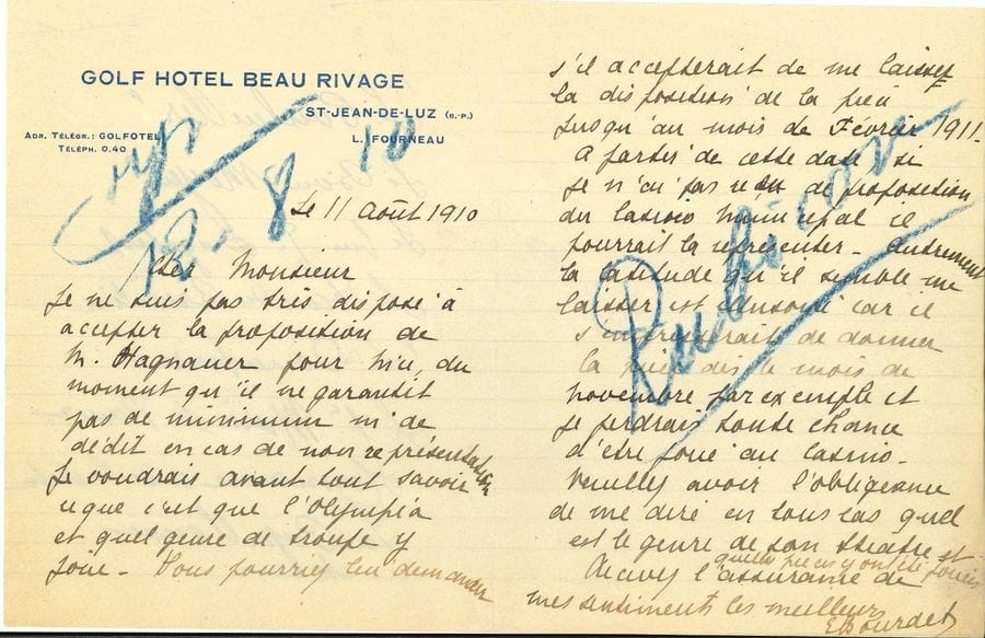 Édouard BOURDET (1887-1945). 45 L.S. et 31 L.A.S., 1910-1937 ; 78 pages formats divers, qqs en-têtes et adresses. On joint 6 l.s. à lui adressées avec notes autogr. de Bourdet.

Correspondance de l'auteur dramatique avec Alfred Bloch, agent général de la Société des Auteurs et Compositeurs dramatiques, et d'autres (Leclair, Robert Gangnat, Marcel Ballot) concernant Le Rubicon, L'Homme enchaîné, Le Sexe faible, La Prisonnière, L'Heure du berger... Réclamation d'une carte de sociétaire de la SACD (parrains : Henry Bernstein et Maurice Rémon), conditions à proposer à des théâtres de province, interrogations sur les recettes à Alger, traités pour l'étranger, recommandations pour la traduction, privilèges de représentation, différends avec des directeurs de salle, autorisation de remettre un manuscrit à Charles Boyer, insistance sur le règlement intégral de ses droits " avant le premier tour de manivelle " (pour l'adaptation cinématographique du Sexe faible, 13 juin 1933), démarche auprès de Maurice Rostand pour l'entrée de Cyrano au répertoire de la Comédie-Française... Etc.