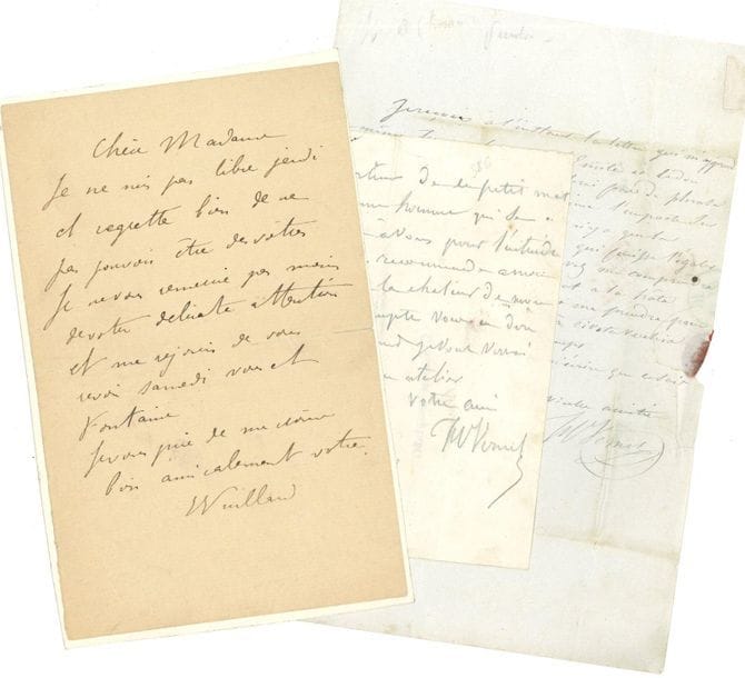 BEAUX-ARTS V-Z. 25 lettres ou pièces, la plupart L.A.S. 
On joint quelques photographies de peintres, et divers documents, dont un ensemble de 10 lettres adressées au peintre Jules Contant ou sa femme née Mireille Dubufe (G. Duruy, René-Xavier Prinet, Henry Roujon, Hélène Vacaresco, Jean-Joseph Weerts, etc.).

Jules Valadon. Jean Veber (plus un programme illustré). Horace Vernet (2). Jean-Georges Vibert (à l'éditeur Heilbuth). Daniel Vierge. Édouard Vuillard (à Mme Fontaine). Claude Vignon (2, au sujet de la publication de son roman Notre contemporain). Henry de Waroquier (pour le banquet Frantz Jourdain, 1922). Louis-Étienne Watelet (3, une au comte de Forbin). Roger Wild (à Édouard Gazanion : il n'a plus aucune influence, " les honneurs, la sodomie, la mort ou la dévotion ayant peu à peu dispersé mes anciens compagnons d'infortune et de combat "). David Wilkie (à Mme Haudebourt, sur son neveu John Wilkie qui va étudier à Paris, 1829). Adolphe Yvon (5, 1863-1884, et une de sa femme). Jules Ziegler (3, à Zimmermann, A de Cailleux et F. de Mercey). [Anders Zorn] (ms a.s. d'un article d'Armand Dayot sur Anders Zorn). Ignacio Zuloaga.
