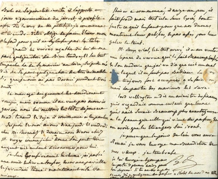 Anthelme BRILLAT-SAVARIN (1755-1826) magistrate and gastronome. L.A.S. "BS", Paris the 3 [February 1816 ?], to his niece Élisabeth Brillat des Terreaux, in Belley (Ain); 3 pages in-8, address (small tear by break of stamp, old mounting on blue paper).

He received with pleasure news from Lyon, "because when you have bitches and nieces on the road, you can't be too worried about such lucky goods"... He recounts an adventure concerning his dog Ida: "The other day while passing in the street of Miss Templar I caught a cabriolet driver who had grabbed Ida and carried her in his car. I took his number and I wrote to the Prefect of Police, who in turn had him grabbed Ida and put him in prison where he is today. His wife came to my knees and after scolding her, I agreed that no further action should be taken in this case...". He speaks with humor of his brother Scipio, who "is about to play vigorously from the hock" at Mme de Villeplaine's ball, and who brought him something so kind from Agathe, that he did not sleep for three nights. He gives news of a few friends: the general who does not want to die a boy, MM. Revenaz, Vergèz, Roux Vital, etc. "Lord Wellington told the Minister of Finance, whom he regarded as certain that the year to come would be much more advantageous to France than the one that has just passed, and it is believed that the foreigners will go away. I think that New Year's Day will have brought you all together, and I send you my blessing and my best wishes"....