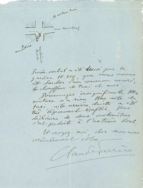Claude FARRèRE (1876-1957). 6 L.A.S. et 14 L.S. (dont 2 en partie autographes avec schémas), et 1 P.S., Paris ou Saint-Jean-de-Luz 1926-1949, la plupart à Jean Pasqua, au Comptoir mondial d'assurances ; 32 pages in-4 ou in-8. On joint une photo signée, en habit d'académicien.

Curieuse correspondance à son assureur, pour constater une collision avec un cycliste, puis le lendemain, avec un platane, ou encore, avec un camion, " arrêté trop brusquement devant mon capot " (17 septembre 1926)... Sa police lui paraît " trois fois trop forte " (21 mai 1928)... Dommages " insignifiants " après avoir heurté un taxi (11 avril 1929), dont le chauffeur serait de mauvaise foi... Deux accidents : il a renversé une cycliste, et le surlendemain, " ma voiture a capoté avec une grande violence à la suite d'un dérapage. La carrosserie a été entièrement brisée et une portière arrachée. J'avais avec moi mon ami M. Pierre Benoit, l'éminent romancier. Monsieur Pierre Benoit a été lancé à plusieurs mètres, et s'est relevé avec une blessure assez profonde à la main droite, et des contusions diverses, à la jambe, à l'épaule et à la poitrine " (9 octobre 1929)... Il a été effleuré par un taxi devant le restaurant des Ambassadeurs : " Mon aile gauche arrière a été légèrement offensée [...] les occupants du taxi ont été grossiers. J'ai donc requis un sergent de ville, [...] l'avarie dont se plaint le taxi a été inexistante " (2 février 1931)... Hier soir au Bois de Boulogne il a touché un motocycliste, qui est tombé ; Farrère ne s'aperçut nullement de l'accident. " J'avais senti un choc, et cru [...] que ma route droite arrière avait touché un trottoir " (1er juin [1934 ?])... Nouvelle collision avec un taxi... Déconvenue de se retrouver bientôt sans assurance... Un autobus est entré dans sa voiture, la semaine dernière, et hier, au Bois de Boulogne, il a heurté un " très vieux tacot " qui a pris un virage trop court et qu'il a voulu doubler : " Je suis dans mon tort " (22 mars 1937)... I