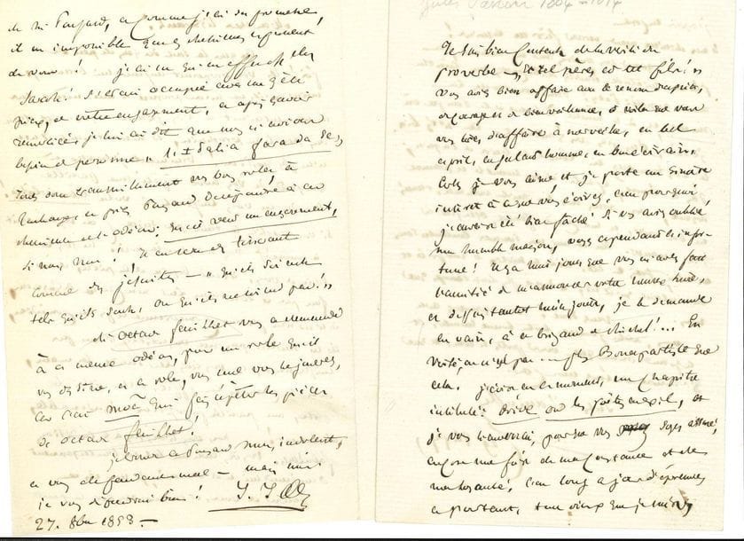 Jules JANIN (1804-1874). 4 L.A.S. and 2 P.A.S.; 7 pages in-8 and an envelope, and 2 oblong pages in-4.

April 8, 1850: "An unfortunate company of Arcachon claims from me, after six years of silence, a sum of money that I will have great difficulty in paying, if I am condemned. This untimely, cruel claim [...] is for me an everyday threat...". October 27, 1853, "to the good comedian Tisserant", about a commitment to the Odeon: "These people are people of little faith! They offer you today much less than they offered me, [...] these people need you, they need the play [...], such a proposal is absolutely inconvenient! No, you won't go under these conditions ... October 29, 1857, to a writer whose book he claims in vain, to "this brigand of Michel [Lévy]!.... And that's it, it's not ... more Bonapartist than that. I am currently writing a chapter entitled Ovid or the Poets in Exile, and I will send it to you so that you can be assured, once again, of my constancy and my loyalty"... June 6, 1858, request for theatre tickets. - Plus a letter written in his name by his wife (and an unidentified letter addressed to Léon Vanier, 1887). And 2 funny album pages (one torn and repaired).