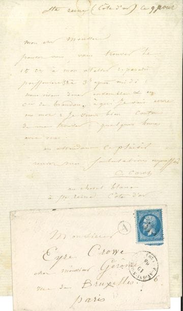 Camille COROT (1796-1875). L.A.S., Sainte-Reine (Côte d'or) [10 août 1864], au peintre anglais Eyre Crowe (1824-1910) ; 3/4 page in-8, enveloppe.

Il l'attend le 15 à son atelier, " r. paradis poissonnière 58 à 3 h. après midi. Nous irons dîner ensemble & en cie de Brandon [son ancien élève Jacob Édouard Brandon (1831-1897)], à qui je vais écrire un mot. Je serais bien content de me trouver quelques heures avec vous "...