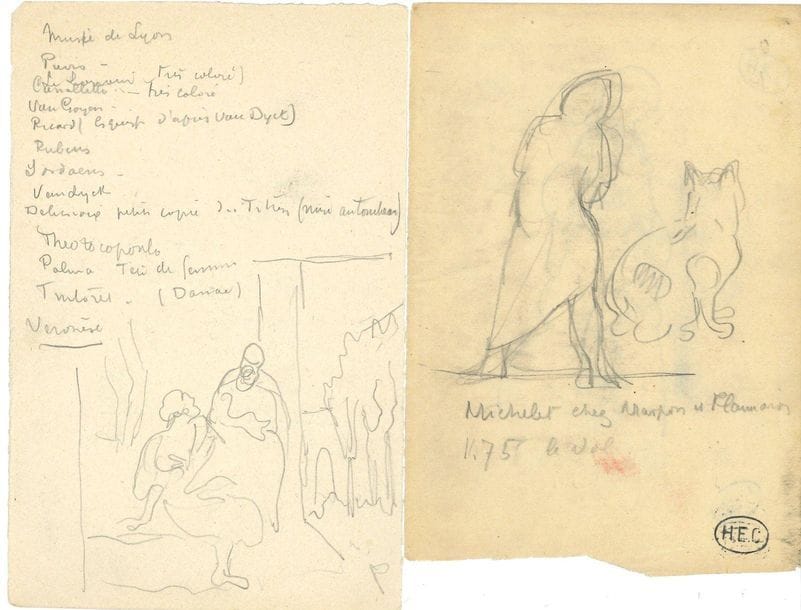 Henri-Edmond Delacroix dit Henri-Edmond CROSS (1856-1910). 12 feuillets autographes dont 8 avec dessins ; 18 pages in-12 ou in-16 au crayon, 4 portant le cachet d'atelier.

Notes et esquisses. Comptes, liste de livres, notes pour un voyage à Milan et Vérone, horaires de trains, liste d'œuvres exposées chez Vollard en 1901 (Le Bal villageois, La Lavandière, Vue de Menton, etc.), liste de tableaux à voir au Musée de Lyon avec dessin de Bethsabée au bain de Véronèse ; réflexions : " Rien en effet dans la Nature n'a de valeur en soi ; le monde de la réalité est une matière indifférente qui n'a d'autre intérêt que celui que nous lui donnons " ; " Faire de rien une chose énorme, sublime. Une simple figure, un arbre, etc. Tous les grands ont ainsi conçu. J'ai toujours cherché le compliqué. " Dessin d'une arcade avec ces explications : " La colonne a dans le rapport de son diamètre les proportions de l'ordre dorique. Ce rapport est celui de 1 à 6, et de 1 à 7. La hauteur égale à la largeur de l'arcade conformément au principe de Vitruve et de Pline ". Il dessine une femme assise de dos en plein air, avec ces indications : " chapeau paille bise ruban et ceinture écharpe rose - robe mousseline blanche. Cheveux frisés en tire-bouchons ". Au-dessous de deux visages joufflus d'enfants, il écrit : " Rien n'est plat dans la Nature ; il n'y a que la pensée de l'homme qui soit plate ". Il ébauche des silhouettes féminines debout, et un homme et un chien de dos.