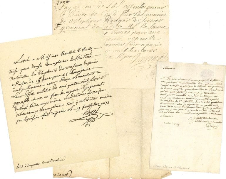 BEAUX-ARTS. 36 lettres ou pièces, la plupart L.A.S., XVIIe-début XIXe siècle.

Jean-Baptiste Alliaud (p.s., engagement à terminer une statue en marbre du général Espagne conforme au modèle en plâtre de feu Charles-Antoine Callamard, contresigné par le statuaire Cartellier et le bronzier Delafontaine, 1815). Joseph Aved (l.s., Saintry 1756). Jean de Boullongne (l.s., concernant le portrait de son père Louis de Boullogne par Rigaud qu'il a fait graver par Lépicié, 1737). Jean-François Carteaux (2 l.a.s., Varsovie 1787 et Paris 1788, au sujet du paiement de tableaux achetés par le prince de Géorgie). Delaunay (p.a.s., reçu pour paiement d'un tableau de l'Annonciation livré à la comtesse d'Alègre, 1736). Nicolas Guérin (p.a.s., 1706, reçu de rentes). Laurent Guiard (p.a.s., Rome 1767, reçu). Jean-Pierre Houel (p.s.,  patente de membre de la Société de l'Harmonie de France de Mesmer, 1786 ; l.a.s. au Directeur Treilhard, [1797], rappelant ses voyages aux îles de Sicile et Malte desquelles il propose de montrer des plans, dessins et " vues très pitoresques " avec des descriptions et renseignements sur les ports, les défenses, le commerce, etc. ; p.a.s., livraison d'exemplaires de son Histoire naturelle des Eléphants du Muséum aux éditeurs Treuttel & Würtz, 1803 ; l.a.s. à l'imprimeur parisien Leblanc concernant leur marché, 1808). Étienne Jeaurat (l.a.s., Versailles 1763, remerciant pour le secours accordé à Mme Leclerc). Jean-Baptiste Jouvenet (p.a.s., reçu de 400 livres de rente du prince de Conti, Paris 1697 ; p.s., reçu de rentes, Paris 1707). François Jouvenet le jeune (p.s., reçu de rentes). Louis-Jean-François Lagrenée (p.s., reçu de rentes perpétuelles sur le duc d'Orléans, Paris 1775). Alexandre Moitte (l..a.s. à Joachim Le Breton, exposant ses titres pour appuyer sa candidature de correspondant de l'Institut, St Germain en Laye 1809). Charles Monnet (p.a.s., concernant son logement et son atelier dans le Louvre, 1792). Jean Naigeon l'Aîné (l.a.s. à Lucien 