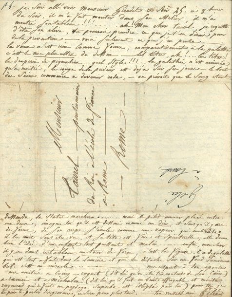 Antoine François GELÉE (1796-1860) dessinateur et graveur. L.A.S., et 17 L.A.S. à lui adressées, 1819-1852.

Très intéressant ensemble.
Choisy-le-Roi 17 octobre [1819], au graveur Benoît Taurel, pensionnaire à la Villa Médicis (4 p. in-4). Amusante et longue lettre sous forme d'article écrit sur lui-même, évoquant ses projets : une grande eau-forte " de la grandeur du Daphnis et Chloé et du Léandre de Monsieur Laugier " dont le sujet lui a été donné par feu Félix Boisselier. Suivent des nouvelles de Paris, avec les lauréats des grands prix de peinture, de sculpture, d'architecture et de composition musicale. Il commente le Salon de 1819, notamment le Départ de la Duchesse de Bordeaux du baron Gros et le Radeau de la Méduse de Jéricho [Géricault], Ingres (" son odaliske, car on rit de son autre tableau [Roger délivrant Angélique] "), Horace Vernet, etc. Il raconte une visite de l'atelier de Girodet, commentant longuement le tableau de Pygmalion et Galatée...
 Benoît Taurel : 6, 1819-1822, longues lettres amicales et artistiques sur son séjour à la Villa Médicis, son ennui, son mariage, ses promenades dans Rome, dont une planche de L'Amour et Psyché, etc. Léon Cogniet, Rome 11 juin 1821, au sujet de sa Nymphe Chasseresse que la Société des Amis des Arts veut faire graver par Caron, mais qu'il préfère confier à Gelée ; à la suite, Taurel se réjouit de la rupture de l'affaire initialement conclue avec Caron. C. Naudet, Bischwiller 4 octobre 1825, récit de son voyage de Paris à Genève, puis en Italie (lac de Côme, Milan, Bergame, Mantoue, Venise), retour en Suisse (Fribourg, Berne, Luzerne, Bâle) puis en France par Strasbourg... Hippolyte Pauquet, avec dessin en seconde page : il est en " semaine de concours des places où l'on est tout occupé de sa figure "... Jacques-Ignace Hittorff (1831). Le secrétaire de la commission du monument à Claude Gelée à Épinal (1845). André Giroux, 10 avril 1848, il se réjouit que Gelée s'apprête à emménager dans sa belle propri