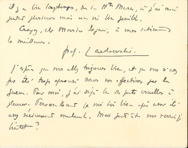 Paul LANDOWSKI (1875-1961) sculpteur. 3 L.A.S., 1912-1917, à M. Seguin du Sous-Secrétariat des Beaux-Arts ; 4 pages in-8 ou in-12, une enveloppe jointe. On joint une L.A.S. de son épouse (1915).

 Boulogne 6 juillet 1912. Il prie de penser à régulariser sa commande du Panthéon : " je ne voudrais pas que les choses se passent comme la dernière fois "... St Cyr 29 septembre 1915. Il aimerait toucher " l'argent du fronton des Gobelins dont le modèle lui-même n'a pas encore été complètement payé, et voici maintenant plus de deux ans que tout est fini. Or la guerre se prolongeant, mes finances commencent à être en piteux état ! Je serais fort heureux, avant de partir au front, de laisser mes affaires en ordre "... Boulogne 9 mars 1917. De passage à Paris et désireux de le voir, il lui demande un rendez-vous...