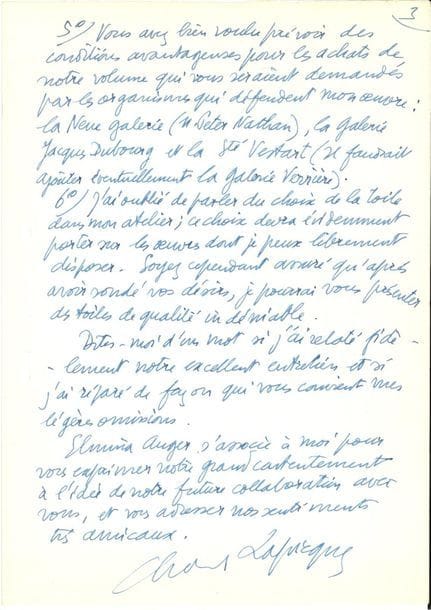 Charles LAPICQUE (1898-1988). 8 L.A.S., [1951]-1980, la plupart à Jacques Lassaigne ; 10 pages formats divers, une enveloppe. 
On joint un article dactylographié de Jacques Lassaigne, et divers documents impr.

À Jacques Lassaigne, 6 mai [1951], l'invitant à son exposition chez Denise René... 14 avril [1956] : " Je viens de découvrir et de me procurer le Skira sur Venise où j'ai relu avec un vif plaisir tout votre excellent chapitre, si vivant et senti de l'intérieur. Je suis très heureux d'y figurer par cet important paragraphe qui met si bien en lumière mon travail sur la ville des doges "... Il annonce un livre sur lui par Jean Lescure, édité par Galanis... 29 avril 1971, sur un projet d'édition du " Musée de Poche " consacrée à lui-même, avec la collaboration d'Elmina Auger... 13 octobre [1971 ?] : " Je n'apparais pas beaucoup, mais je travaille, je rassemble et je suis par la pensée toutes vos opérations "...
Vœux pour 1966 (à Maurice Escande, au dos de la reproduction d'un dessin), 1970 (à Lassaigne ?, au dos d'une photo), 1978 (à une demoiselle, avec envoi d'un dessin), et 1980 (à Robert Ducrot)...
