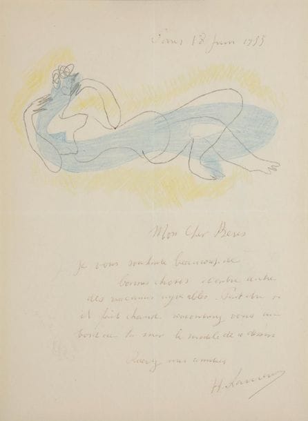 Henri LAURENS (1885-1954). L.A.S. with drawing, Paris June 18, 1953, to Pierre Berès; 1 page in-4 (27 x 21 cm, framed, slightly faded).

Nice illustrated letter.
A large pencil drawing at the head of the letter represents a naked woman lying down, enhanced with blue and
yellow
pencils
.

He wishes Berès a happy holiday. "Perhaps if it is hot you will meet the model of this drawing by the sea...".

