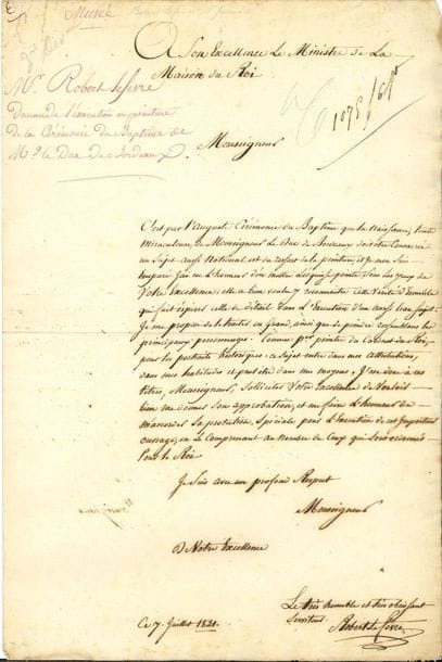 Robert LEFÈVRE (1755-1830). L.A.S., 7 juillet 1821, au marquis de Lauriston, ministre de la Maison du Roi ; 1 page in-fol.

Sur son tableau du baptême du duc de Bordeaux. " C'est par l'auguste cérémonie du baptême que la naissance, toute miraculeuse, de Monseigneur le Duc de Bordeaux doit être consacrée. Un sujet aussi national est du ressort de la peinture, et je m'en suis emparé. J'ai eu l'honneur d'en mettre l'esquisse peinte, sous les yeux de Votre Excellence [...] Je me propose de le traiter en grand, ainsi que de peindre ressemblans les principaux personnages. Comme per peintre du Cabinet du Roi, pour les portraits historiques, ce sujet entre dans mes attributions, dans mes habitudes et peut etre dans mes moyens "...