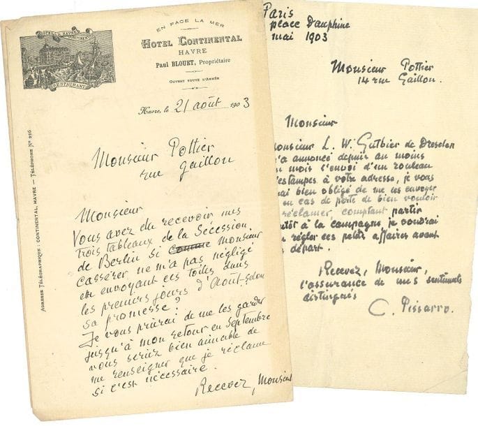 Camille PISSARRO (1831-1903). 3 L.A.S., 1903 et s.d. ; 2 pages et quart in-8 et 1 p. in-12.

Paris 10 mai 1903, à l'emballeur de tableaux et d'objets d'art Pottier. " Monsieur L.W. Gutbier de Dresden m'a annoncé depuis au moins un mois l'envoi d'un rouleau d'estampes à votre adresse, je vous serai bien obligé de me les envoyer ou en cas de perte de bien vouloir les réclamer "... Le Havre Hôtel Continental 21 août 1903, au même. " Vous avez dû recevoir mes trois tableaux de la Sécession de Berlin si Monsieur Cassirer ne m'a pas négligé en envoyant ces toiles dans les premiers jours d'août selon sa promesse ? Je vous prierai de me les garder jusqu'à mon retour en septembre "... Éragny-sur-Epte, à M. Magnum. " Je reçois à l'instant cent quinze francs, je vous en remercie. Je vous ferai quelques petites aquarelles. Accepte votre proposition pour les 11f50. Cet argent vient à propos je n'ai plus rien hélas ! "...