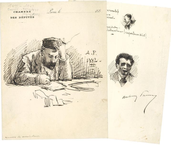Antonin PROUST (1832-1905) journaliste et homme politique, ami de Manet, premier ministre des Beaux-Arts (1881). 5 feuillets de dessins originaux à la plume, et L.A.S. ; 5 pages formats divers, et 1 page in-8 à en-tête Chambre des députés.

Portrait de l'helléniste Auguste-François Maunoury (1811-1898) penché sur sa table de travail, un bonnet sur la tête, signé et daté " A.P. 1882 " (12,5 x 18 cm sur papier à en-tête de la Chambre des députés). Portrait de Tallandier (l'éditeur ?; 1 p. in-8 à en-tête de la Chambre des députés). 3 dessins et notes faits pendant une séance à l'Assemblée nationale, avec signature (1 p. in-4) : 2 têtes d'hommes et vieillard assoupi sur sa chaise, avec notes : " Cabinet révisionniste - Gambetta - suffrage universel - réformer magistrature - volontariat d'un an "... Tête d'homme de profil sur une enveloppe de la Chambre des députés). Buste d'enfant (sur p. in-8)..
4 février 1881, à un confrère journaliste, le remerciant pour son " article très élogieux " dans la France, lu " hier soir en revenant de la Chambre, au sortir d'une séance où mes collègues se sont montrés peut-être injustes à mon égard " ; il ne leur fait pas de reproches pour autant : " J'ai cru qu'il pouvait être utile de rechercher devant la Chambre la procédure la plus propre à prévenir la guerre et à assurer la paix. Je me suis trompé et l'on a toujours tort de se tromper "...