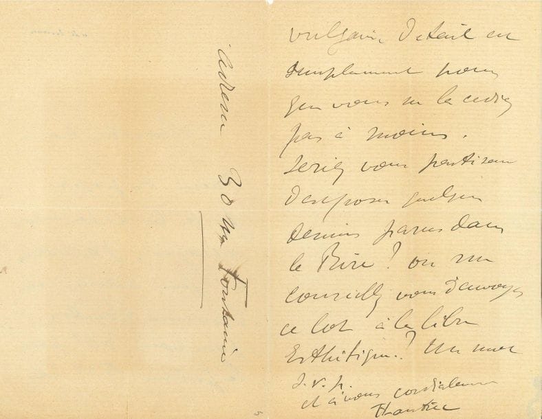 Henri de TOULOUSE-LAUTREC (1864-1901). L.A.S., [Paris] 30 rue Fontaine, [2 décembre 1896, à l'éditeur belge Edmond Deman] ; 2 pages et quart in-8.

" Merci des papiers. Je ne les ai pas encore essayés. Je vous ai fait adresser une épreuve Lender - pour vous 30f pour le public 50f. Ce vulgaire détail est simplement pour que vous ne la cédiez pas à moins. Seriez-vous partisan d'exposer quelques dessins parus dans le Rire ? ou me conseillez-vous d'envoyer ce lot à la Libre Esthétique ? "...
Correspondance (éd. Herbert Schimmel, 1992), n° 471, p. 308.