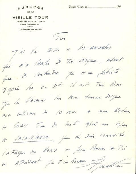 Charles AZNAVOUR (1924-2018). L.A.S., Gosier (Guadeloupe) [28 avril 1964], à la chanteuse Solange Durville à Paris ; 1 page in-4 à en-tête Auberge de la Vieille Tour, enveloppe.

Il a vu à Los Angeles Léo Missir (auteur de la musique du disque de Solange Durville) lui a parlé de son disque : " Avant que de l'entendre je t'en félicite. D'après les on dit il est très bon. Je le placerai sur mon tourne disque aux environs du 10 mai à mon retour à Paris tout de suite après un séjour à Casablanca que tu dois connaitre. L'Afrique du Nord me fera penser à toi "...