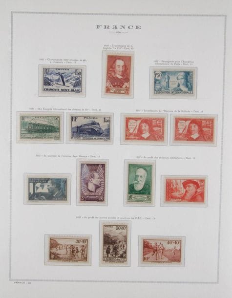 [TIMBRES] FRANCE

Un ensemble de 3 albums de France dont collection depuis 1849.

Divers n° 6, 18 (oblitérés) et de nombreux classiques neufs (n° 23, 28, 31, 32 …), les Bordeaux (n° 40, 42, 48, 49…), les Cérès, les Sages (types I et II dont le n° 76).

Un ensemble d’Avant-Guerre, Mouchons et Merson (dont n° 122 neuf), n° 133, 136, 1ère série des Orphelins complète, n° 182, 3 pont du Gard, 321 etc.

Figurent aussi quelques Poste Aérienne n° 1 & 2, 14 et 15, blocs n° 1, 2 et 3.



On joint deux albums contenant des quantités de petites et moyennes valeurs.