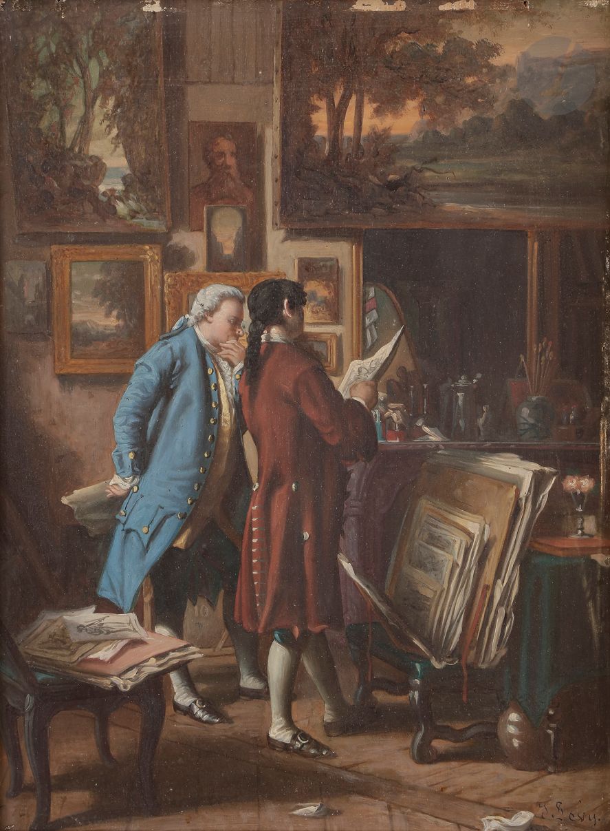 I. LEVY (XXe siècle) 
2 huiles sur panneaux : 
- Les Musiciens, signée en bas à gauche, 32 x 24 cm. Petits manques aux bords. 
- L’Amateur d’estampes, signée en bas à droite, 32 x 24 cm.

Mots clés :
judaïca, juif, juive, hébreux, rabbins, jewish, torah, hebrew, hebraica, judaisme, synagogue, sionisme, pessah, pessach, haggada, haggadah, hagada, hagadah, passover, menora, menorah, hannuka, hannuca, hannoucca, hanouccah, torah, juden, israélite, Israël, antisemitism, antisémitisme, dreyfus, meguila, sepharade, sefarad, ketouba