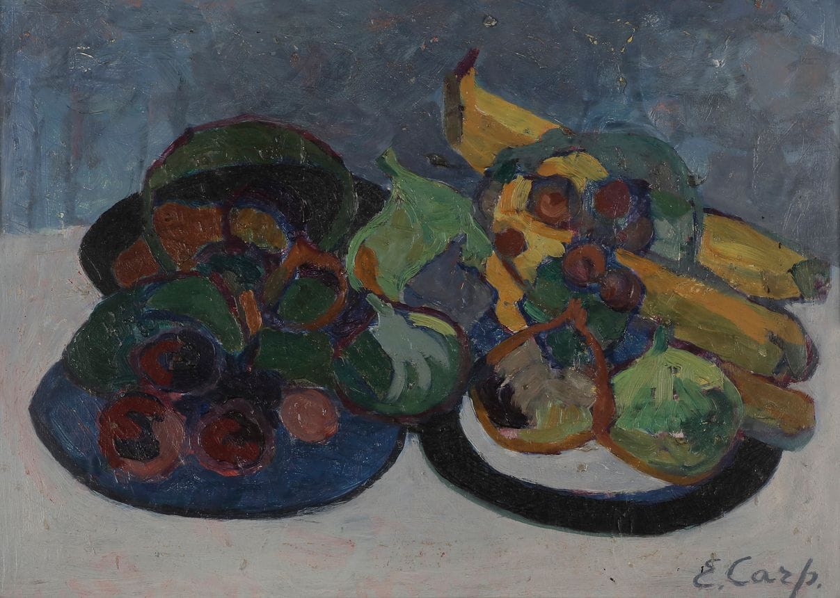 Esther CARP (1897-1970) 
Nature morte aux fruits 
Huile sur carton. 
(Usures) 
30 x 40 cm

Mots clés :
judaïca, juif, juive, hébreux, rabbins, jewish, torah, hebrew, hebraica, judaisme, synagogue, sionisme, pessah, pessach, haggada, haggadah, hagada, hagadah, passover, menora, menorah, hannuka, hannuca, hannoucca, hanouccah, torah, juden, israélite, Israël, antisemitism, antisémitisme, dreyfus, meguila, sepharade, sefarad, ketouba