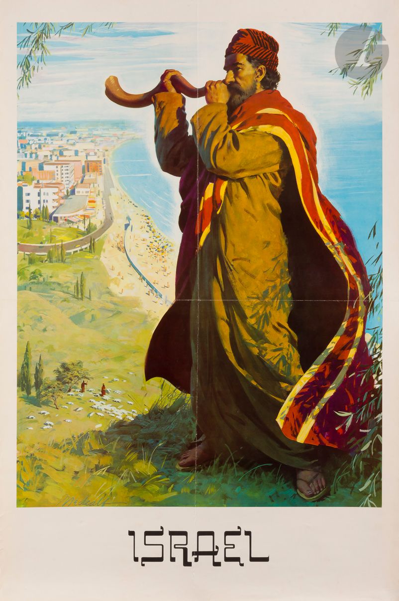 [AFFICHE - ISRAËL] 
Vue de Tel-Aviv 
S.l, n.d. [Israël, circa 1960]. 
(Plis transversaux marqués). 
95 x 65 cm 

Cette image allie tradition et modernité. Un juif en habits traditionnels sonne du Choffar avec Tel-Aviv en arrière-plan.

Mots clés :
judaïca, juif, juive, hébreux, rabbins, jewish, torah, hebrew, hebraica, judaisme, synagogue, sionisme, pessah, pessach, haggada, haggadah, hagada, hagadah, passover, menora, menorah, hannuka, hannuca, hannoucca, hanouccah, torah, juden, israélite, Israël, antisemitism, antisémitisme, dreyfus, meguila, sepharade, sefarad, ketouba