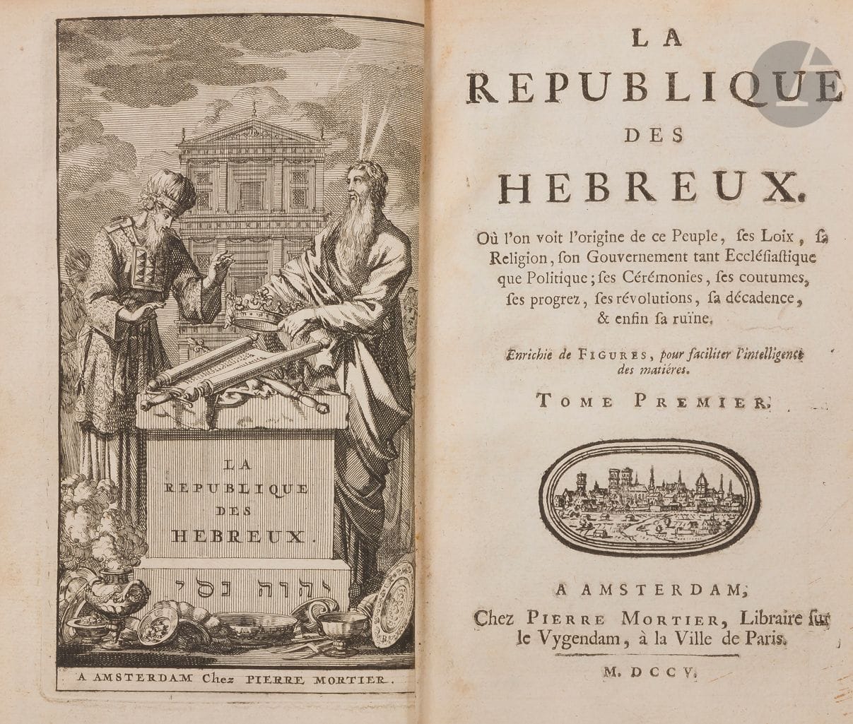 [HISTOIRE JUIVE] 
Cuneus Petrus et Hugues-Guillaume Goerée, La république des Hébreux. 2 tomes sur 3 
Tome I : Où l’on voit l’origine de ce peuple ses lois, sa religion, son gouvernement tant ecclésiastique que politique, les cérémonies, les coutumes, les progrès, les révolutions, la décadence, & enfin la ruine. 
Tome II : Où il est traité de la Structure du Tabernacle, de la fabrique des Vaisseaux sacrés, & de l’ordre que les israélites observoient dans leurs campemens, & dans leurs décampens. Matières qui n’avoient point encore été expliquées ou dont on avoit parlé que légèrement. 
Amsterdam, chez Pierre Mortier, 1705. 
Deux volumes, petit in-8, reliure plein veau, dos à nerfs ornés, pièce de titre en maroquin, reliure en état d’usage. Les 2 volumes sont complets des 36 planches annoncées dans l’avis au relieur. La carte p. 252 est restaurée, sinon intérieur bien frais.

Mots clés :
judaïca, juif, juive, hébreux, rabbins, jewish, torah, hebrew, hebraica, judaisme, synagogue, sionisme, pessah, pessach, haggada, haggadah, hagada, hagadah, passover, menora, menorah, hannuka, hannuca, hannoucca, hanouccah, torah, juden, israélite, Israël, antisemitism, antisémitisme, dreyfus, meguila, sepharade, sefarad, ketouba