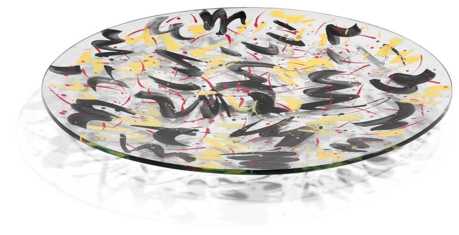 Catherine ZORITCHAK [French] (born in 1957
)Large circular dish in translucent glass with abstract decoration painted in black, yellow and red tones. Signed and dated 1990 on the
 back.

 Diameter: 53 cm

