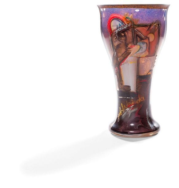 Jo HRUSCHKA [German] (b. 1957
)
Gei-WehdaBlown

 glass

 vase

 with abstract enamel decoration in brown, blue and

 red.

 Height: 25 cm - Diameter 14 cm

