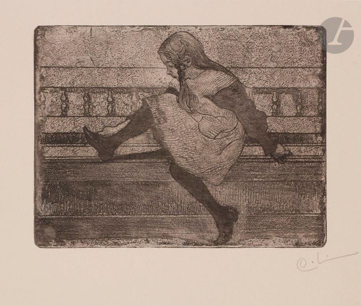 Carl Larsson (Swedish, 1853-1919)
Kersti på bänken (Kersti on the bench). 1904. Etching and soft varnish. 195 x 150. Hjet and Hjet 51. Perfect proof on vellum, signed with the initials in pencil. All margins. 