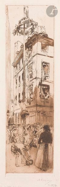 Auguste Lepère (1849-1918)
Un 14 juillet rue Galande : le mât de cocagne. 1891. Eau-forte et aquatinte. 108 x 376. Lotz-Brissonneau 22. Impression en brun bistré. Très belle épreuve sur vergé, signée au crayon, titrée, numérotée et annotée. Toutes marges. Rare. Tirage à 25 épreuves.