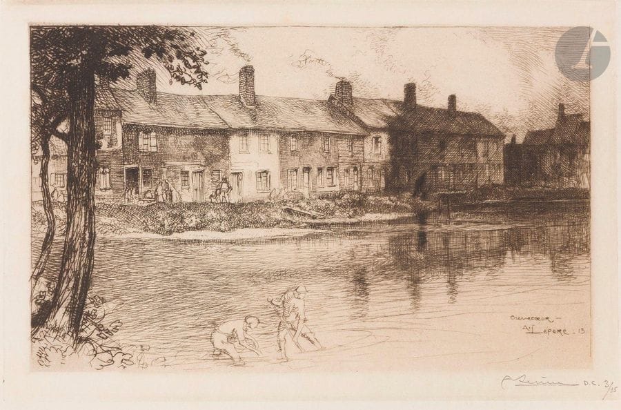Auguste Lepère (1849-1918)
La Mare de la prairie à Crèvecœur (Picardie). 1913. Eau-forte. 273 x 180. Texier-Bernier 404. Très belle épreuve sur vélin mince, signée et numérotée au crayon. Toutes marges. Tirage à 35 épreuves. Timbre sec : Ed. Sagot éd. Paris (Lugt 2254). 
