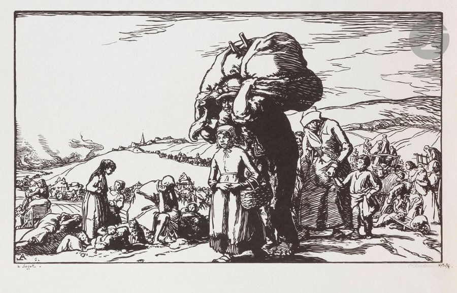 Auguste Lepère (1849-1918)
Les Fugitifs. 1916. Bois gravé. 556 x 325. Texier-Bernier 534. Belle épreuve sur vélin, lavée, dédicacée à l’encre noire « à Sagot », signée au crayon puis justifiée « H.T. 3/5 » à l’encre. Plusieurs déchirures restaurées aux bords du feuillet. Toutes marges. Tirage définitif à 50 épreuves. 