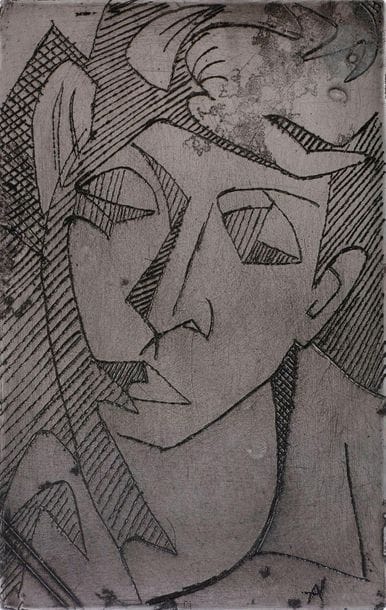 André Lhote (1885-1962)
Portrait de Simone Lhote. 1935. Zinc gravé à l’eau-forte. 96 x 155. Monogrammé dans l’angle inférieur droit. Biffé de deux traits parallèles obliques dans l’angle inférieur gauche. Quelques petits enfoncements au verso, perceptibles sous formes de petites bosses au recto. 
