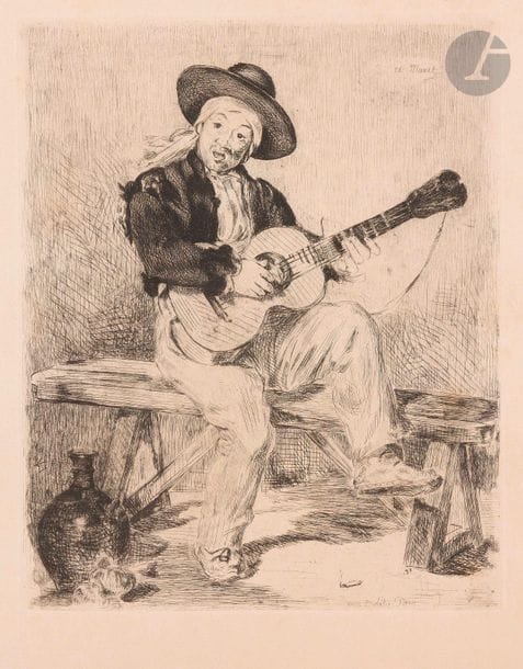 Édouard Manet (1832-1883)
Le Chanteur espagnol, ou Le Guitarero. 1861. Eau-forte. 243 x  299. Guérin 16 ; Fisher 12. Belle épreuve sur japon, vraisemblablement du tirage de luxe effectué pour Cadart en1874, collée par les bords sur carton fort. Forts et abondants restes de colle en surface dans les marges au recto, provenant de l’ancien passe-partout. Grandes marges. 