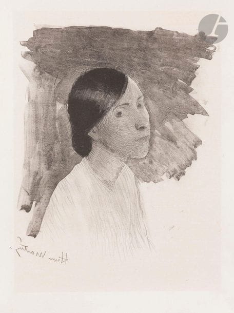 Henri Martin (1860-1943)
Reverie. 1892. Lithography. 230 x 280. I.F.F. 1. Very nice applied china print, from the edition for the Album des Peintres-Lithographes. Slight freckles on the back and tiny accidents on the edges of the sheet. All margins. Total print run of 100 proofs. Joint: lithographs by Bracquemond (Le Verger, I. F. 532), Buhot (L'Embankment à Londres, Bourcard-Goodfriend 183), Chéret and Desboutin for the same publication. Same condition. Set of 5 p.