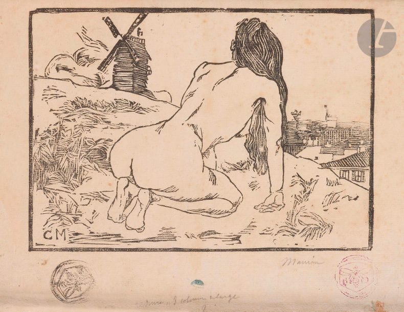Charles Maurin (1856-1914)
The Sphinx (Nude from the back in Montmartre). Engraved wood. 234 x 169. Nice proof on laid paper, signed in pencil, with two bee-shaped stamps in the lower margin. Annotation for a photomechanical reduction in pencil. Scattered light freckles and small stains. All margins. Frame. 