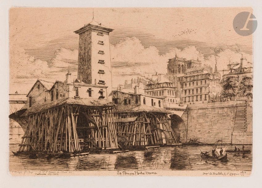 Charles Méryon (1821-1868)
La Pompe Notre-Dame. 1852. Etching. 248 x 171. Delteil 31; Schneiderman 26. Very nice proof on applied buff bull, from the 8th state (out of 10), before modification of the title. All margins. Seal: same subject. Copy. Etching. 252 x 175. Proof on applied china. Set of 2 p.