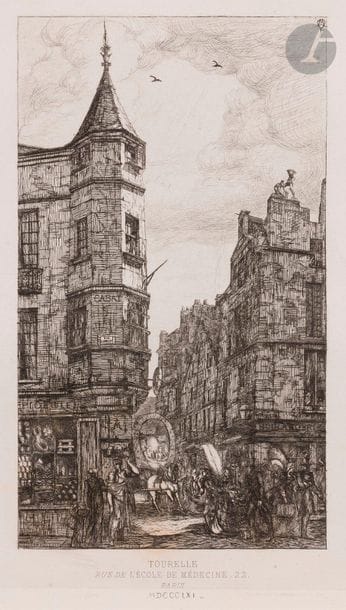Charles Méryon (1821-1868)
Tourelle rue de l’École de Médecine. 1861. Eau-forte. 130 x 211. Delteil 41 ; Schneiderman 72. Très belle épreuve sur chine appliqué, du 13e état (sur 14), avant effaçage de l’adresse de Pierron, du tirage pour la Gazette des Beaux-Arts. Quelques rousseurs claires sur le support. Toutes marges. 