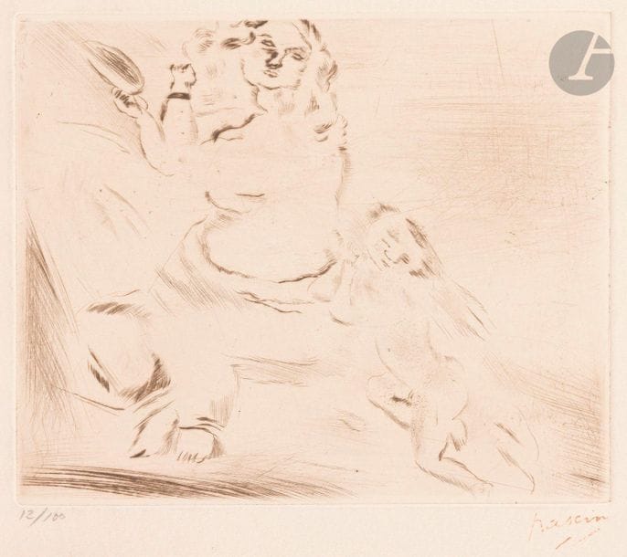 Jules Pascin (Julius Mordecai Pincas, dit) (1885-1930)
Vénus et l’amour. 1917. Pointe sèche. 158 x 129. Rambert 95. Belle épreuve d’un retirage moderne (vers 1980) sur vélin, numérotée au crayon et timbrée (Lugt 2014a). Petites salissures. Toutes marges. Tirage à 100 épreuves. Timbre sec de l’atelier (Lugt non décrit).