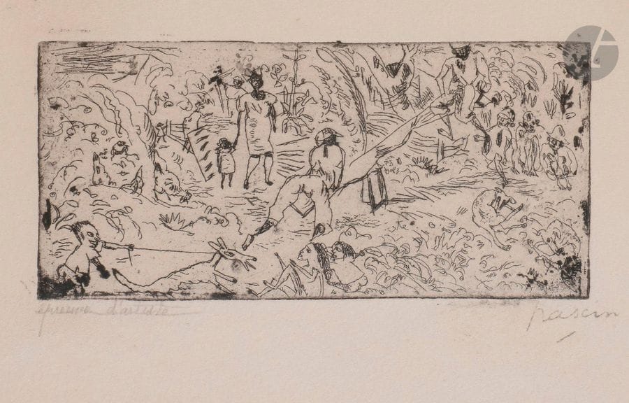 Jules Pascin (Julius Mordecai Pincas, dit) (1885-1930)
La Danse de Salomé. 1927. Pointe sèche sur zinc. 270 x 200. Rambert 141. Belle épreuve sur vélin, annotée au crayon « épreuve d’artiste » et timbrée (Lugt 2014a). Rousseurs claires éparses. Oxydation sous le passe-partout. Marges. Cadre. Joint : On the South. 1916. Eau-forte sur zinc. 122 x 60. Rambert 66. Même condition. Cadre. Ens. 2 p.
 Provenance :
Gaston Diehl (1912-1999), historien et critique d’art.