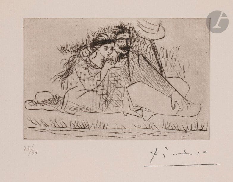 Pablo Picasso (1881-1973)
Au bord de la rivière : le couple dans l’herbe. 1925. Pointe sèche sur zinc. 118 x 78. Bloch 72 ; Baer 116 B 1. Très belle épreuve sur vergé filigrané « Arches », du tirage effectué en 1961, numérotée au crayon et timbrée (Lugt 2026e). Une large rousseur très claire en marge inférieure, trois petites rousseurs à l’extrême bord droit du feuillet. Toutes marges. Tirage à 50 épreuves. Éd. de la galerie Louise Leiris (1981). Cadre. 