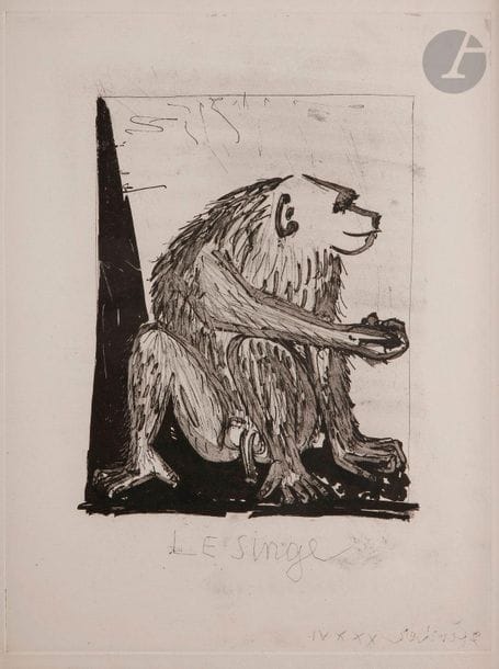 Pablo Picasso (1881-1973)
Le Singe. 1936. (Pl. 12 pour Picasso / Eaux-fortes originales / pour des textes de / Buffon, Paris, Fabiani, 1942). Eau-forte, aquatinte et pointe sèche. 315 x 420. Bloch 339 ; Baer 586 ; Cramer 37. Épreuve sur vélin (de Montval ?) [330 x 440]. Tirage total à 226 épreuves. Cadre.