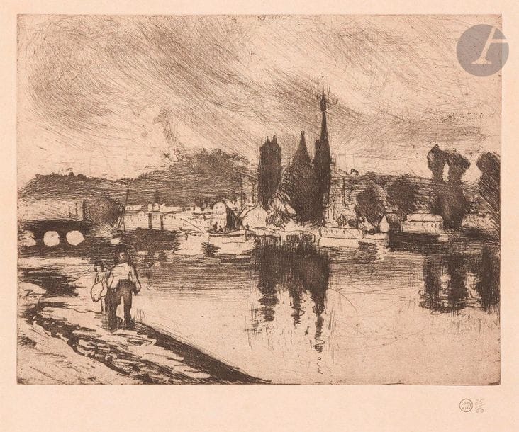 Camille Pissarro (1830-1903)
View of Rouen, Cours-la-Reine. 1884. Etching, drypoint and aquatint. 195 x 148. Delteil 50. Very fine proof on ivory laid paper, stamped (Lugt 613f) and numbered in pencil, one of the 40 on this paper, from a posthumous edition of 50 proofs, in addition to about 17 proofs printed during the artist's lifetime. Slight oxidation of the sheet. Very wide margins. 