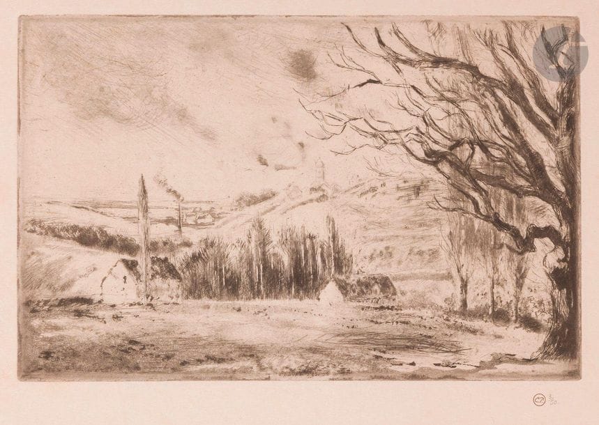 Camille Pissarro (1830-1903)
Vue de Pontoise. 1885. Etching, drypoint and aquatint. 245 x 160. Delteil 60. Very nice proof on japanese, numbered in pencil and stamped (Lugt 613f), one of the 10 on this paper, from a posthumous edition of 50 proofs, in addition to a dozen proofs printed during the artist's lifetime. Very clear marginal oxidation from an old montage. All margins. 